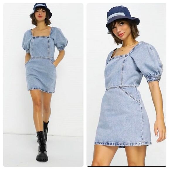 Mango Denim Dress Puff Sleeves New - Picture 1 of 8